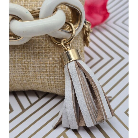 J Crew Chunky Gold Tone Cream Enamel Large Link Statement Bracelet 8" Tassel - Picture 3 of 9